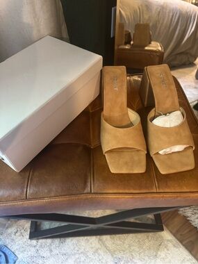 Covet Tan Suede Square-Toe Block Heel Mules